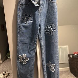 Floral Embroidered Straight Leg Blue Jeans